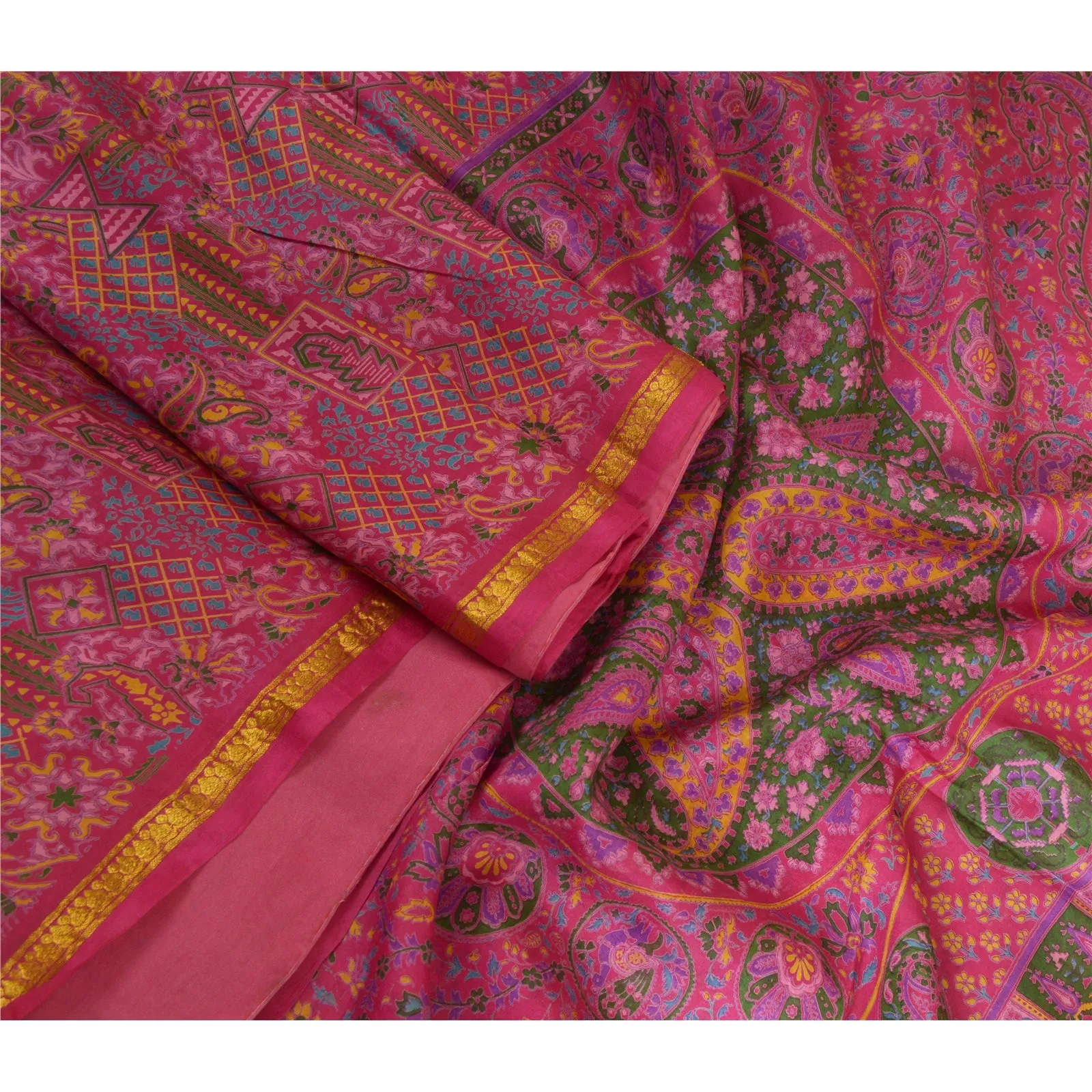 Sanskriti Vintage Sarees Pink Zari Border Pure Silk Printed Sari Craft Fabric