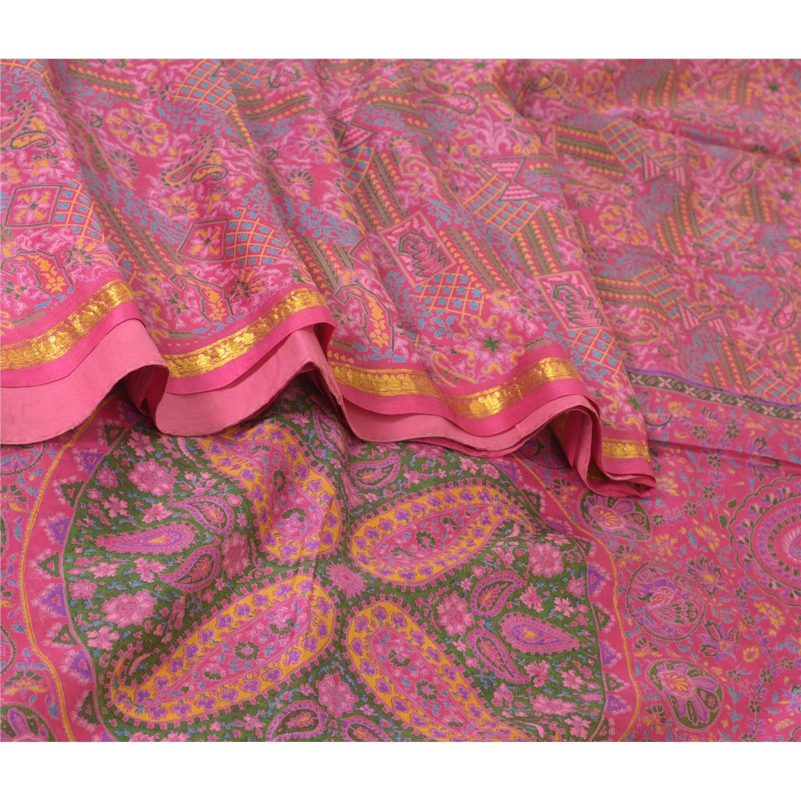 Sanskriti Vintage Sarees Pink Zari Border Pure Silk Printed Sari Craft Fabric