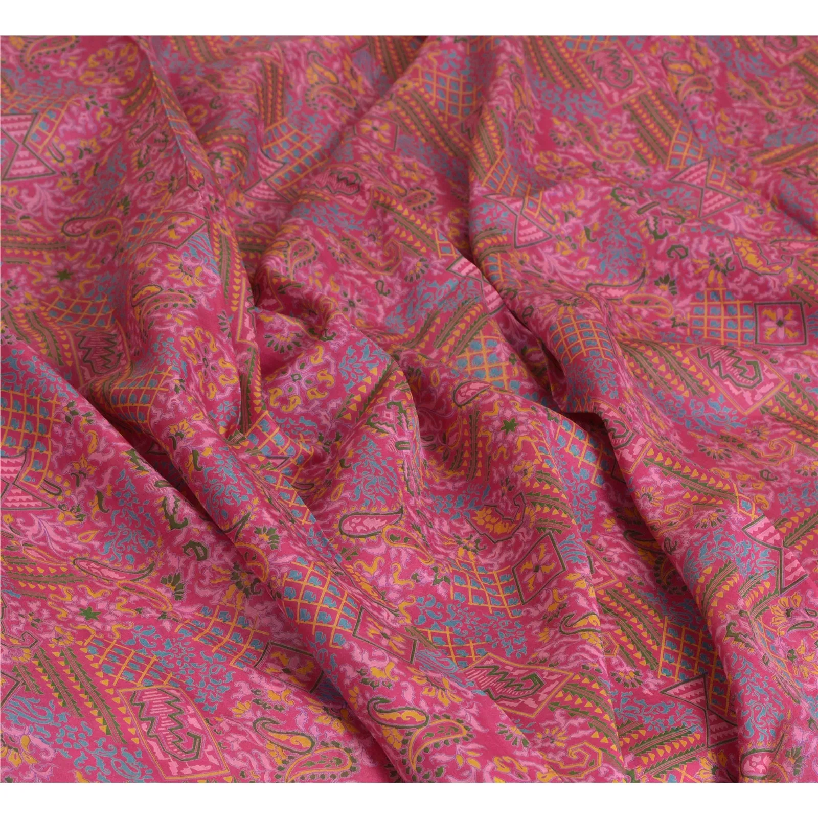 Sanskriti Vintage Sarees Pink Zari Border Pure Silk Printed Sari Craft Fabric