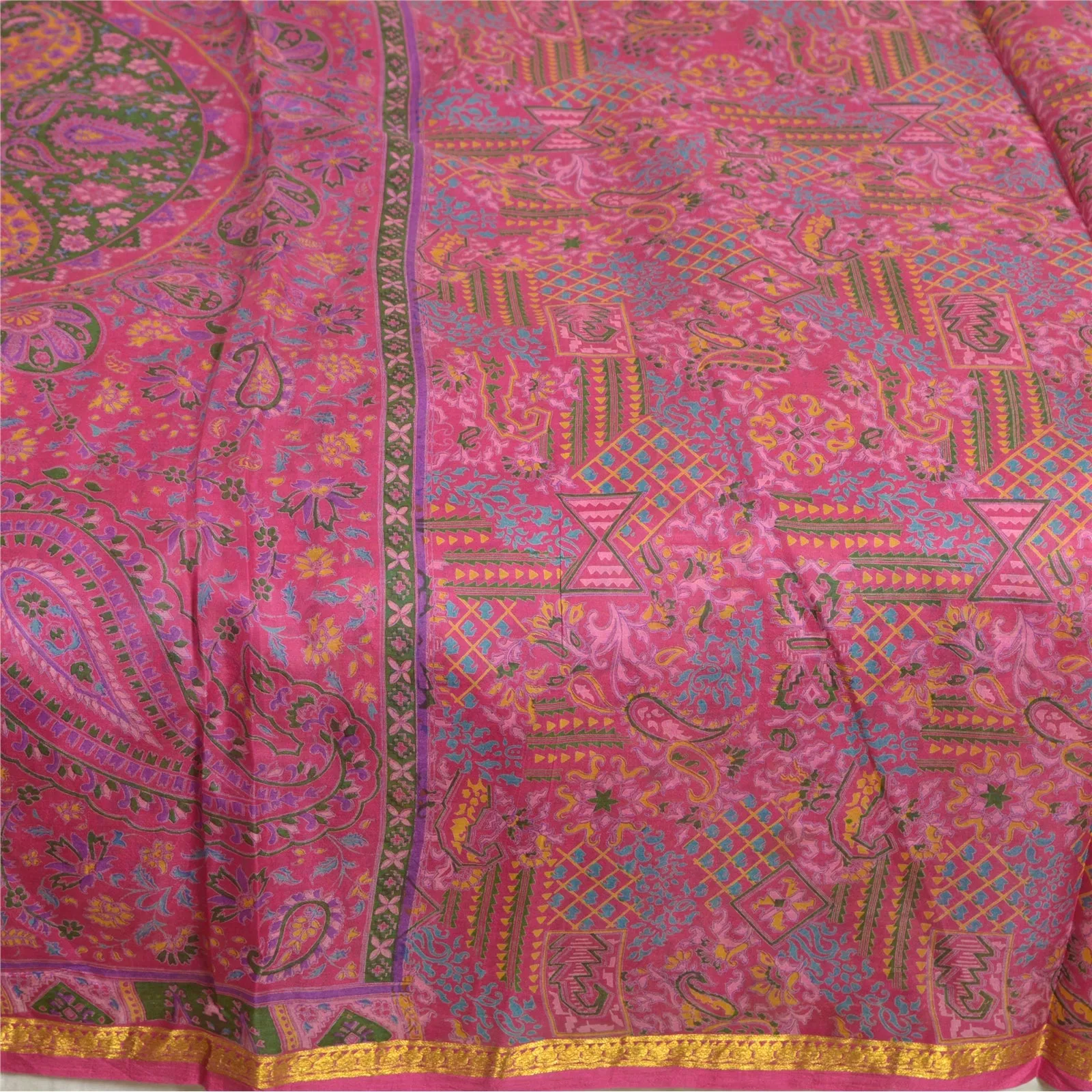 Sanskriti Vintage Sarees Pink Zari Border Pure Silk Printed Sari Craft Fabric