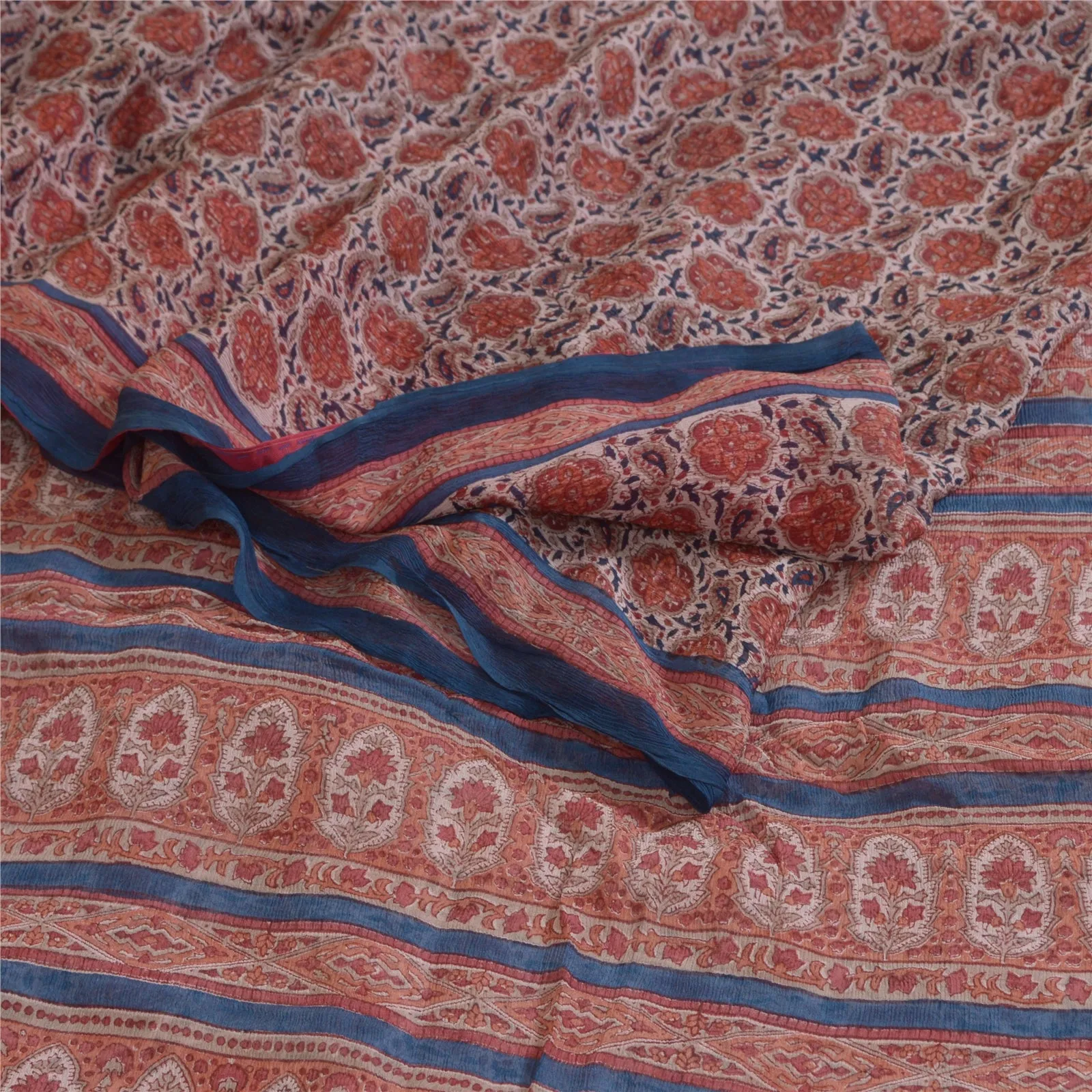 Sanskriti Vintage Sarees Red/Blue Pure Chiffon Silk Printed Sari Craft Fabric