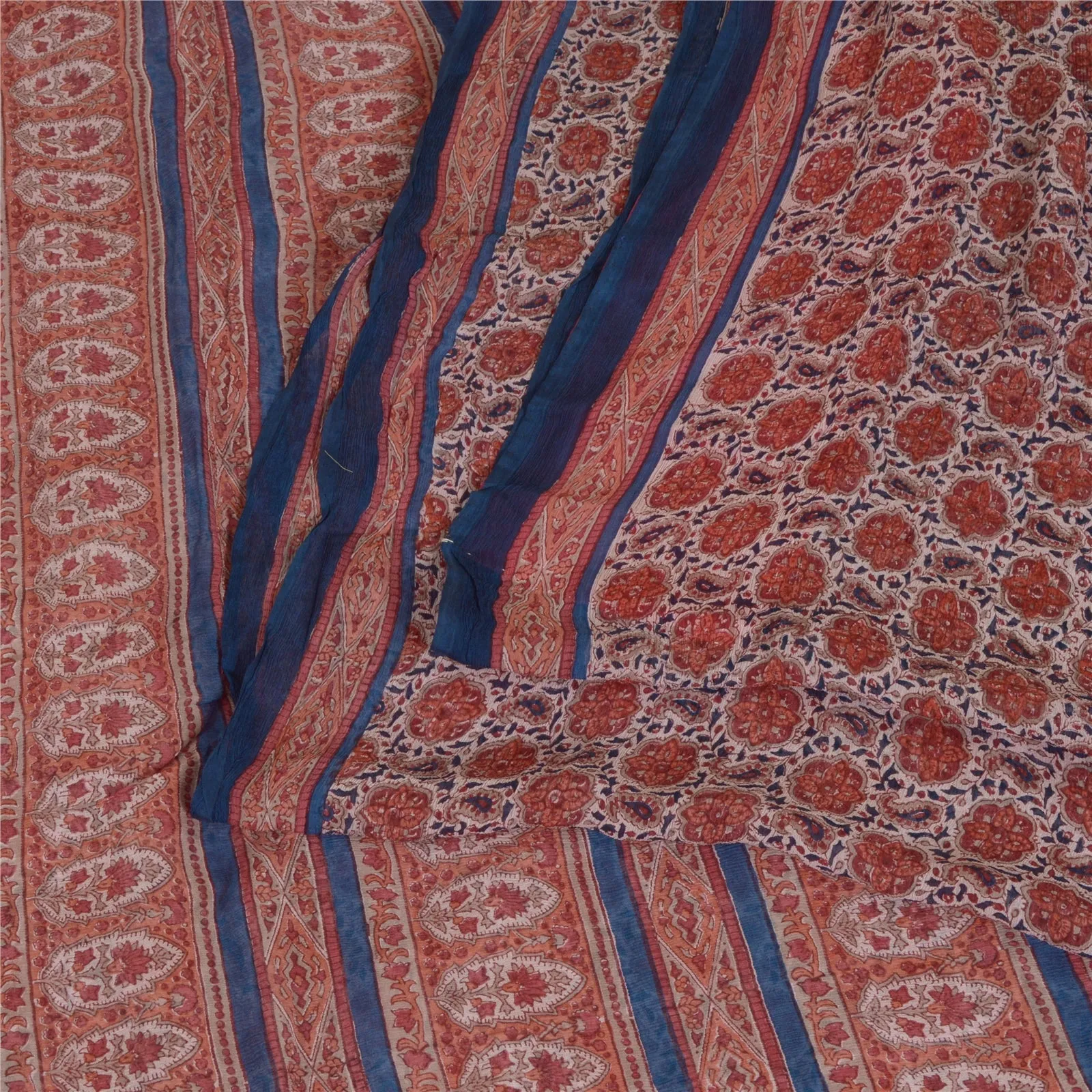 Sanskriti Vintage Sarees Red/Blue Pure Chiffon Silk Printed Sari Craft Fabric