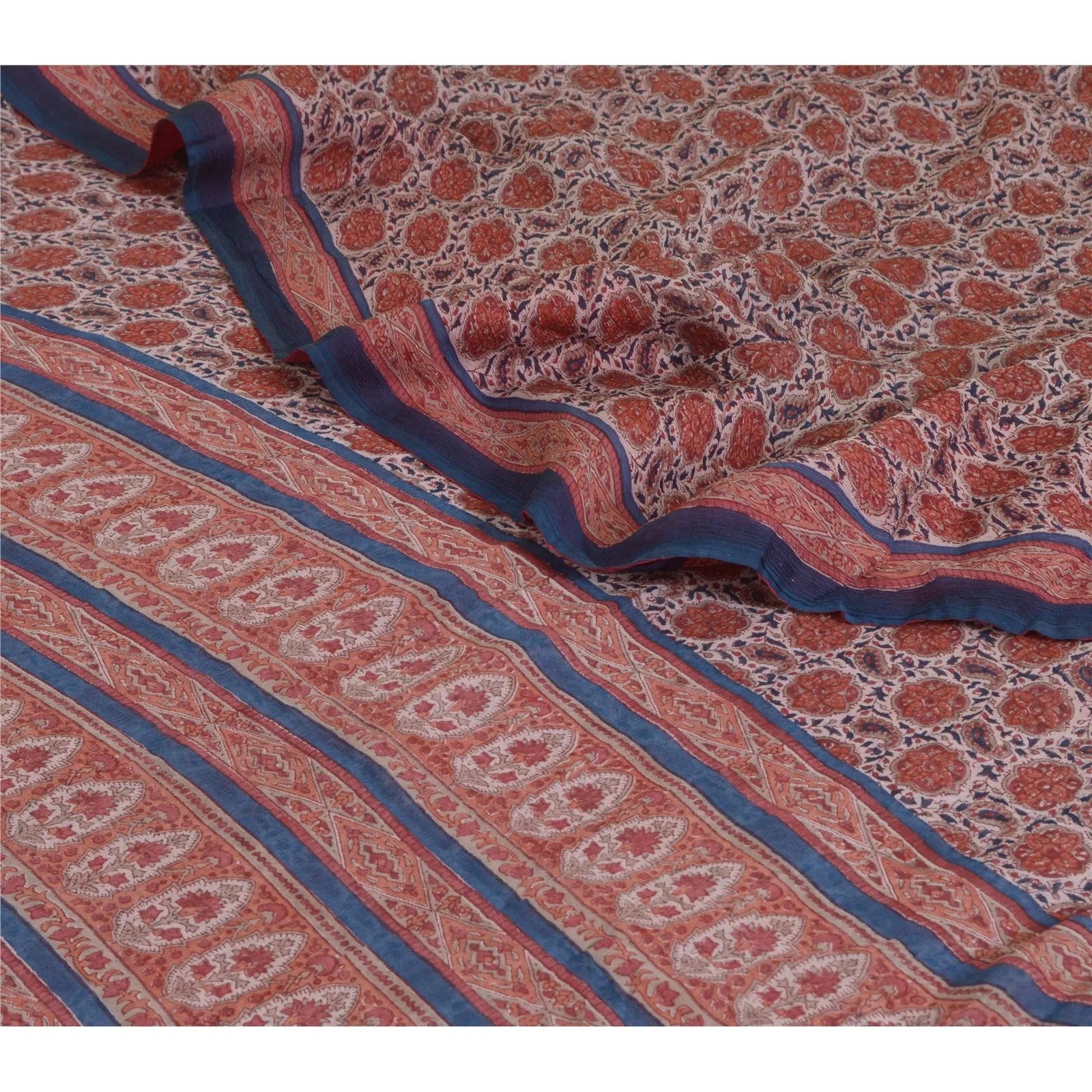 Sanskriti Vintage Sarees Red/Blue Pure Chiffon Silk Printed Sari Craft Fabric