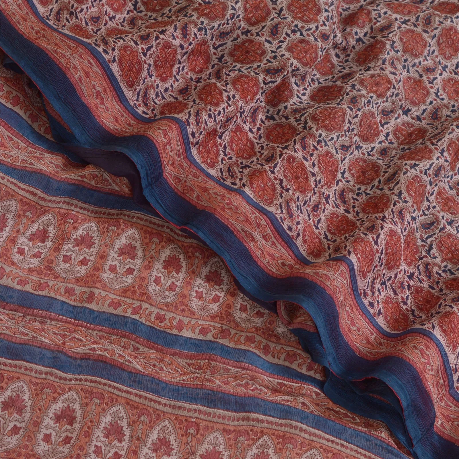 Sanskriti Vintage Sarees Red/Blue Pure Chiffon Silk Printed Sari Craft Fabric