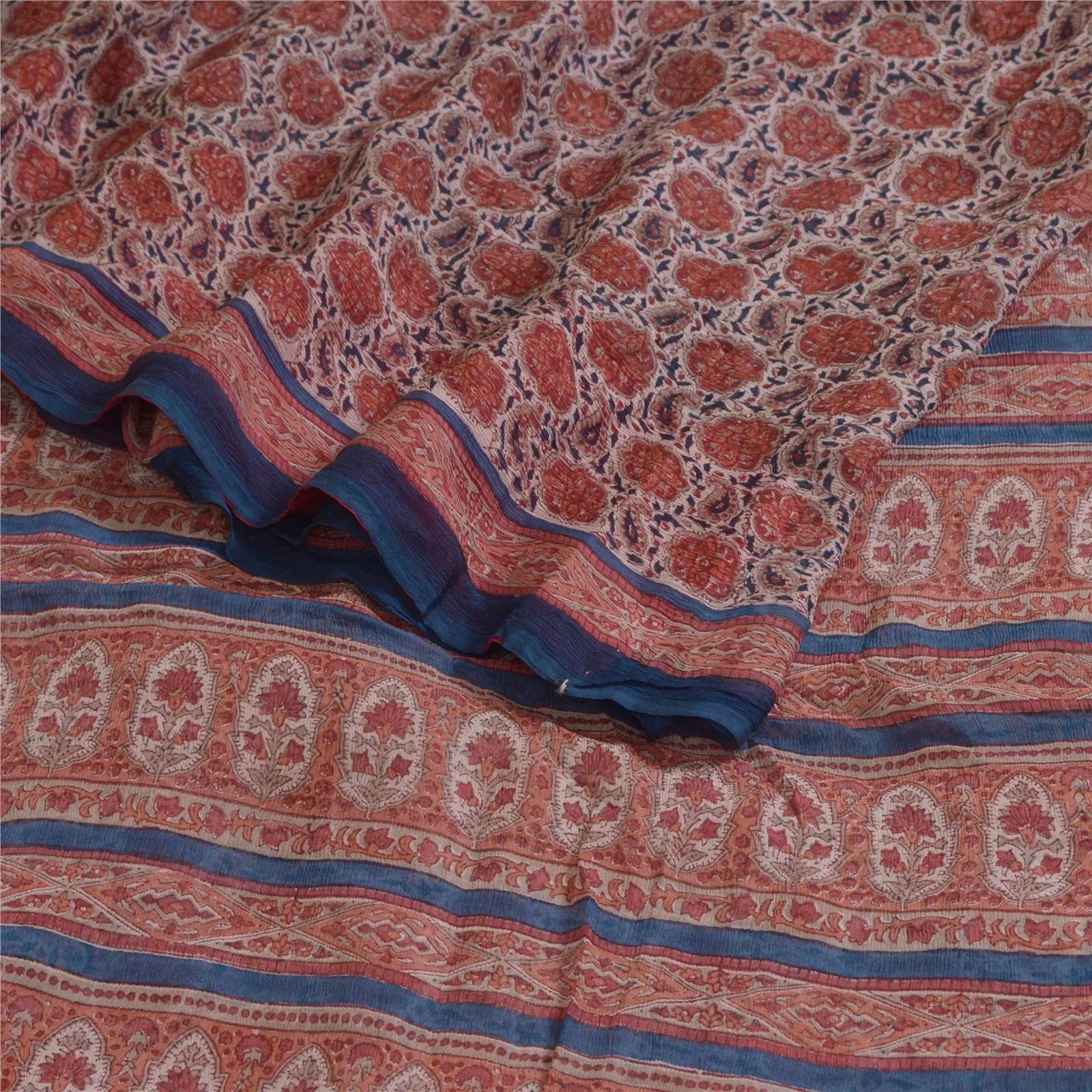 Sanskriti Vintage Sarees Red/Blue Pure Chiffon Silk Printed Sari Craft Fabric