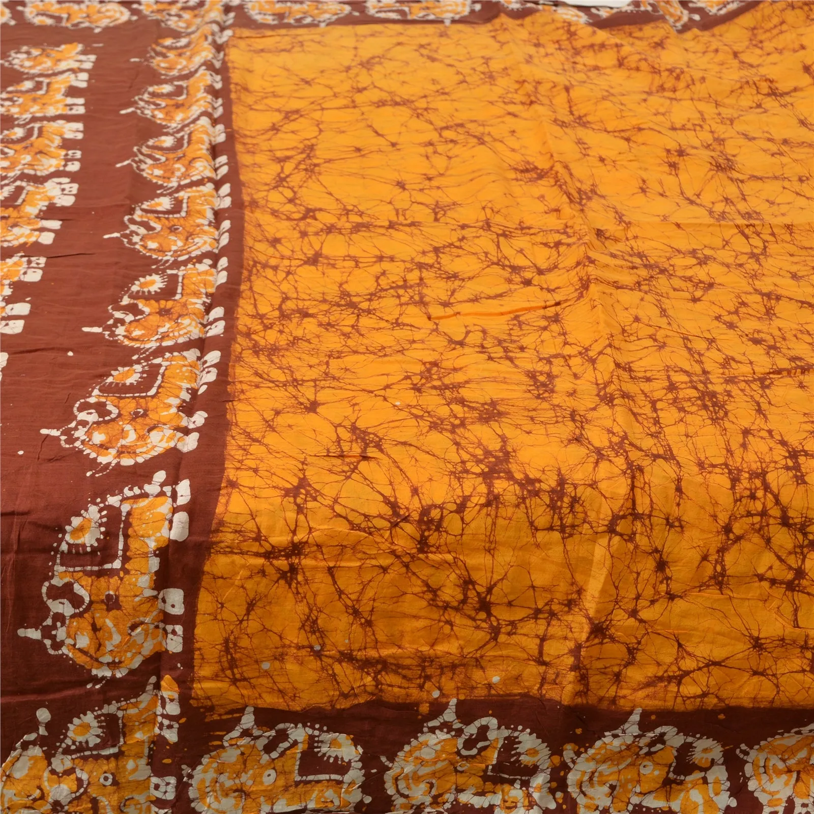 Sanskriti Vintage Sarees Yellow/Brown Batik Work Pure Cotton Sari Craft Fabric