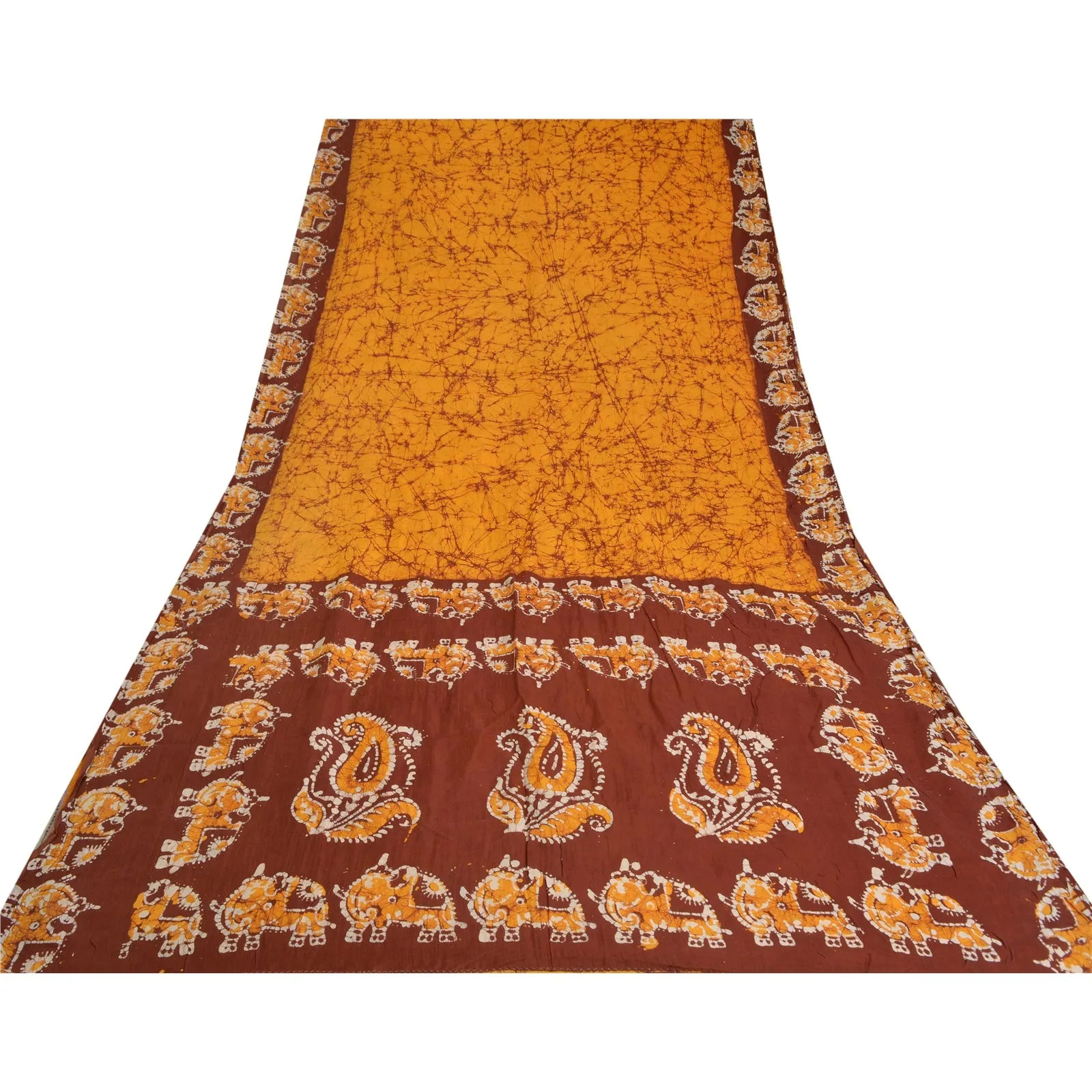 Sanskriti Vintage Sarees Yellow/Brown Batik Work Pure Cotton Sari Craft Fabric