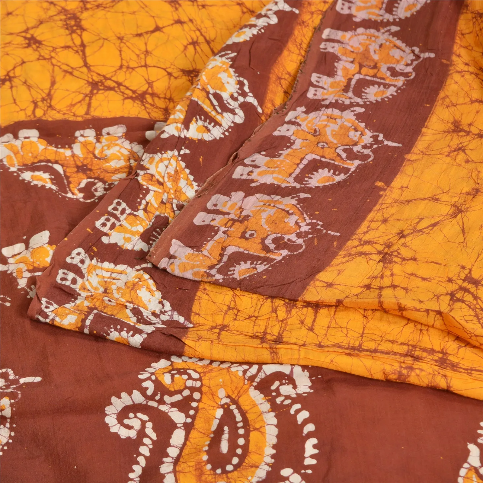 Sanskriti Vintage Sarees Yellow/Brown Batik Work Pure Cotton Sari Craft Fabric