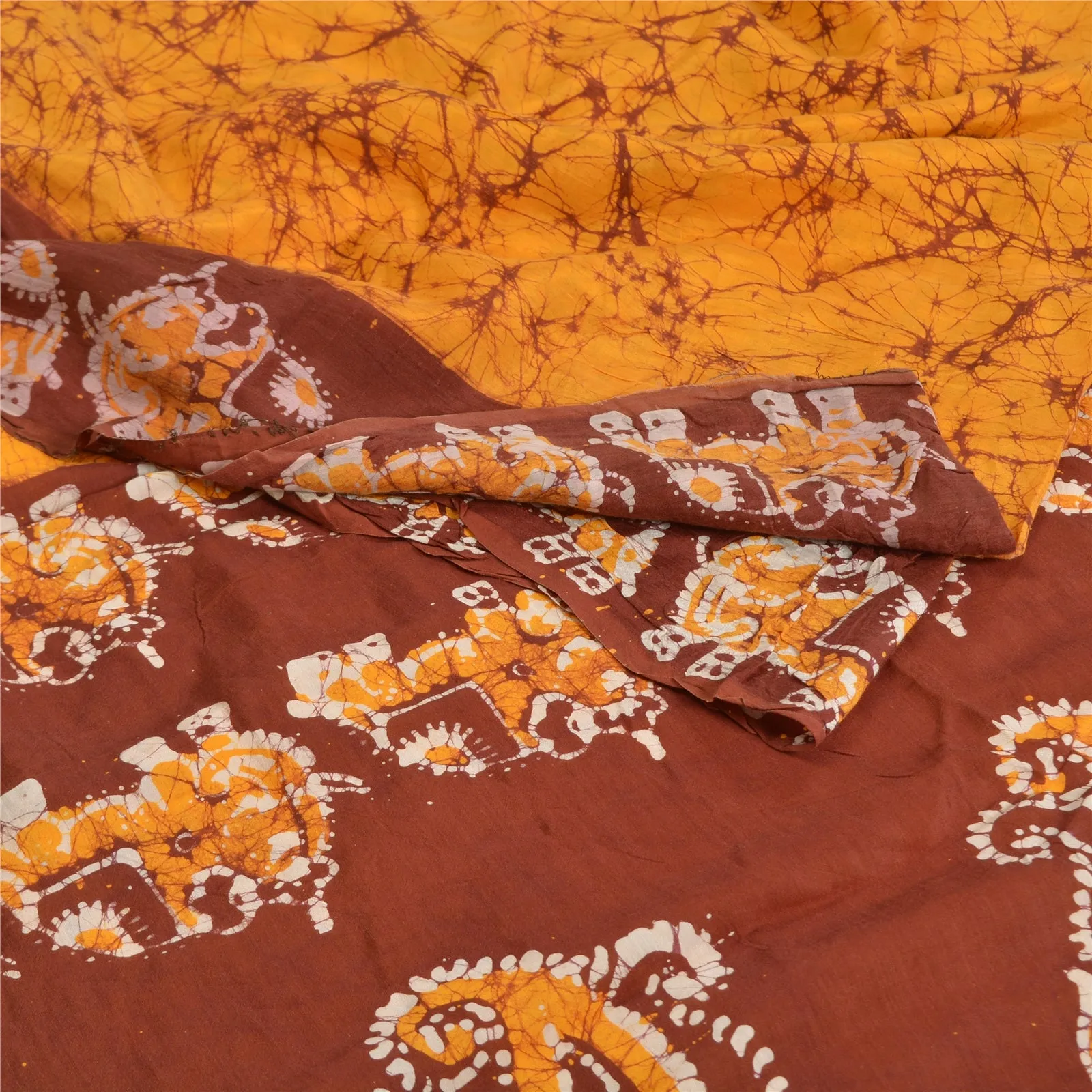 Sanskriti Vintage Sarees Yellow/Brown Batik Work Pure Cotton Sari Craft Fabric