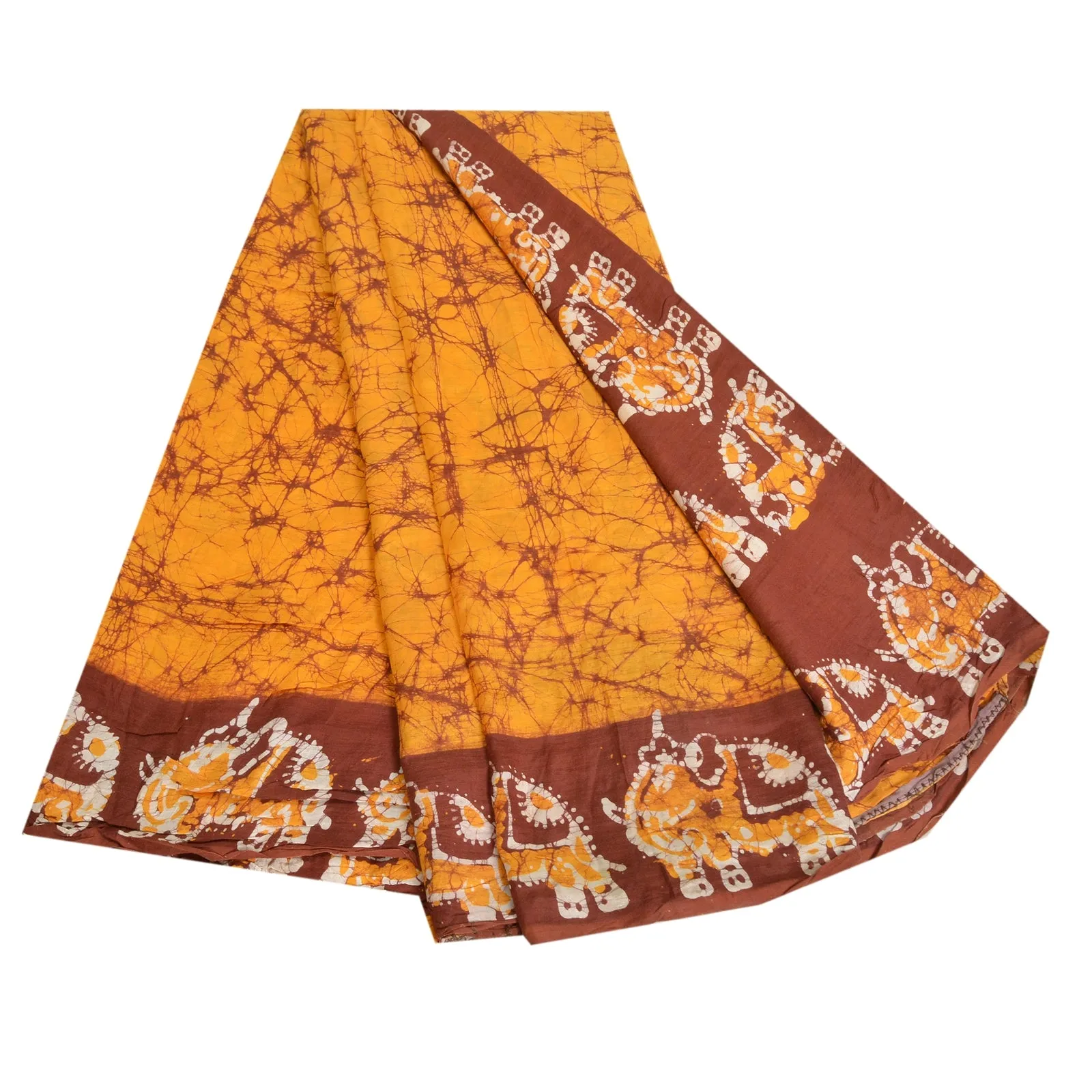 Sanskriti Vintage Sarees Yellow/Brown Batik Work Pure Cotton Sari Craft Fabric