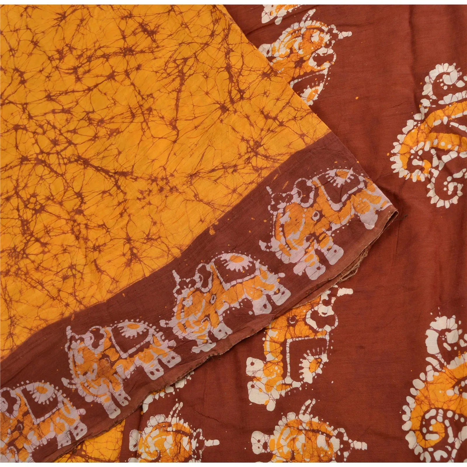 Sanskriti Vintage Sarees Yellow/Brown Batik Work Pure Cotton Sari Craft Fabric