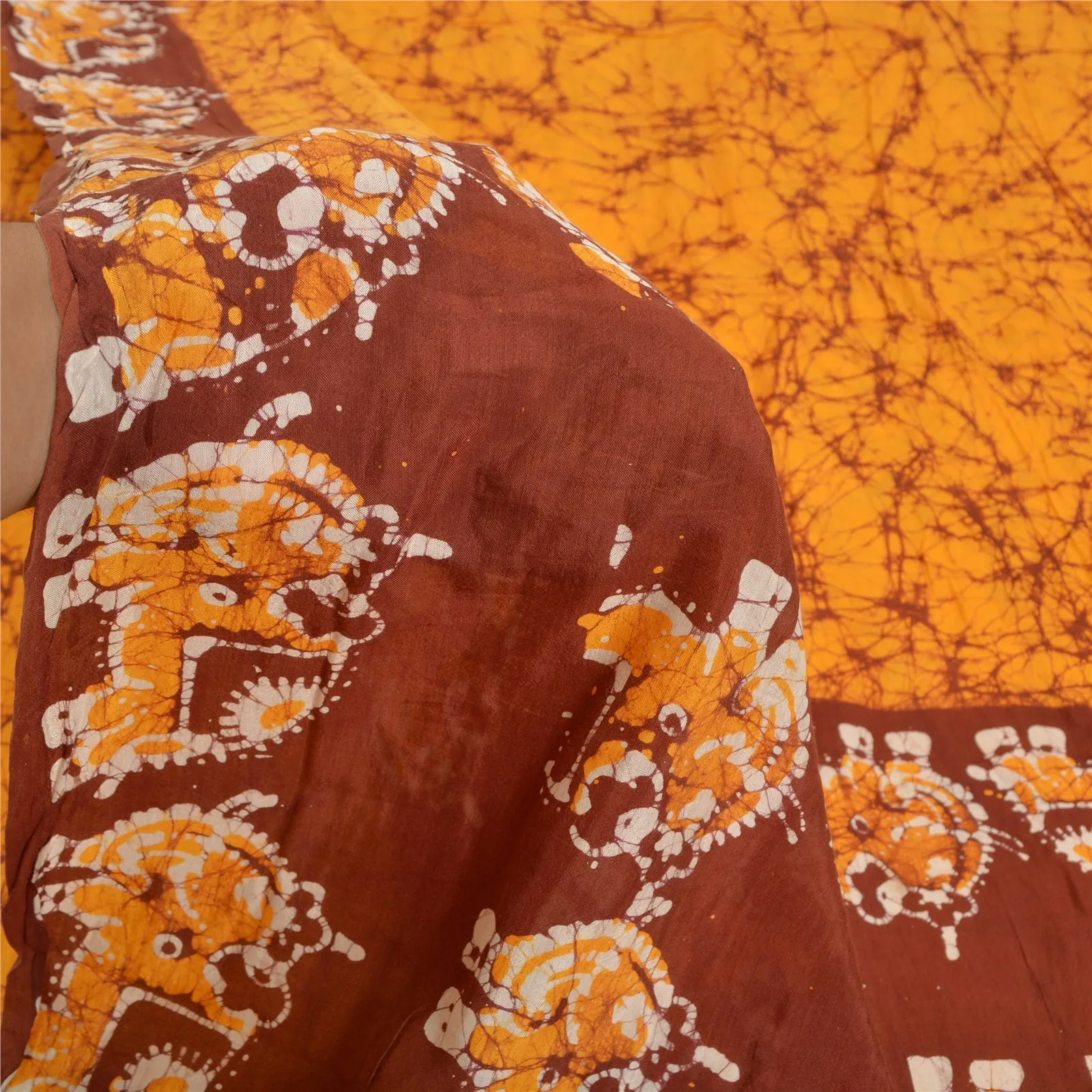 Sanskriti Vintage Sarees Yellow/Brown Batik Work Pure Cotton Sari Craft Fabric