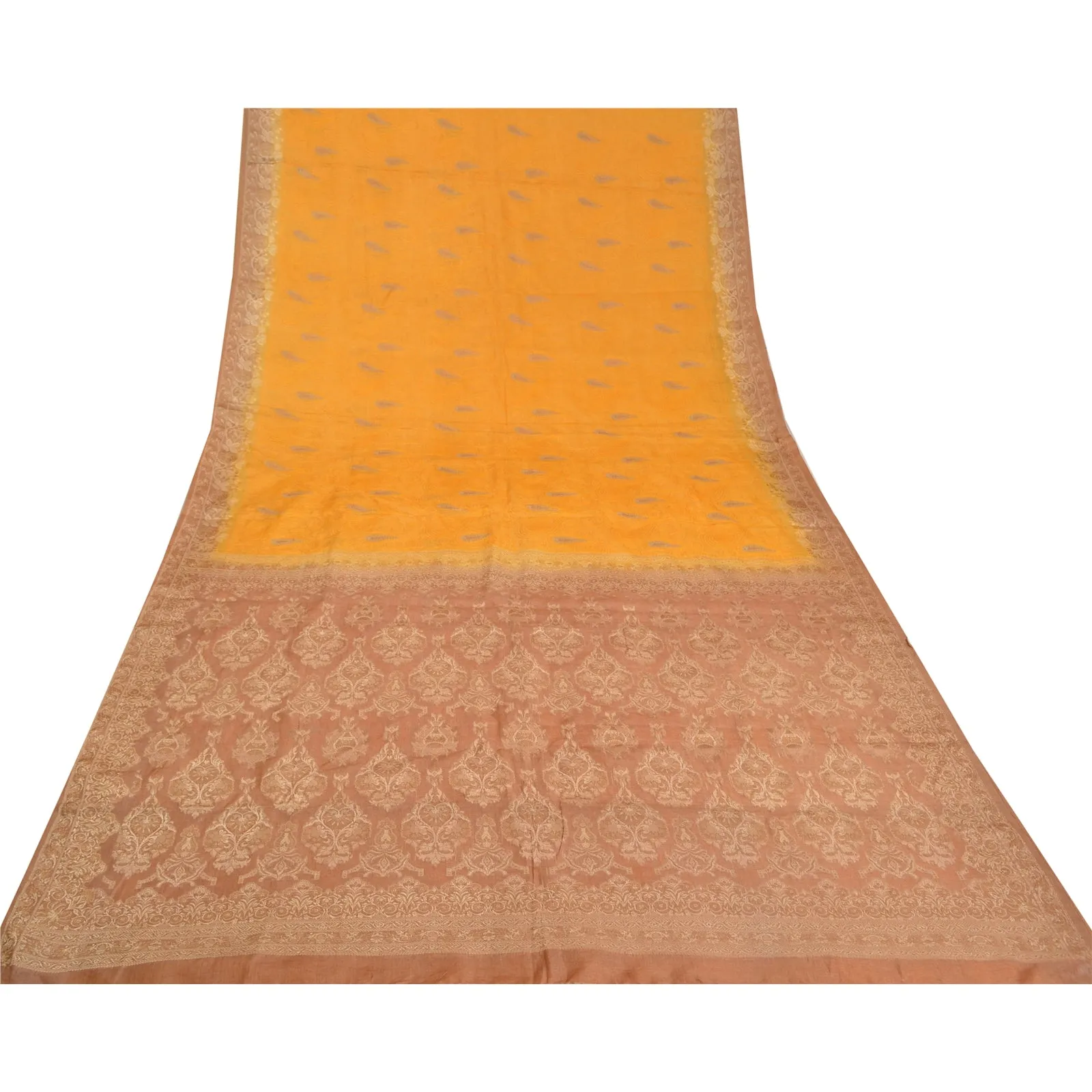 Sanskriti Vintage Yellow Indian Sarees 100% Pure Silk Woven Sari 5 YD Fabric