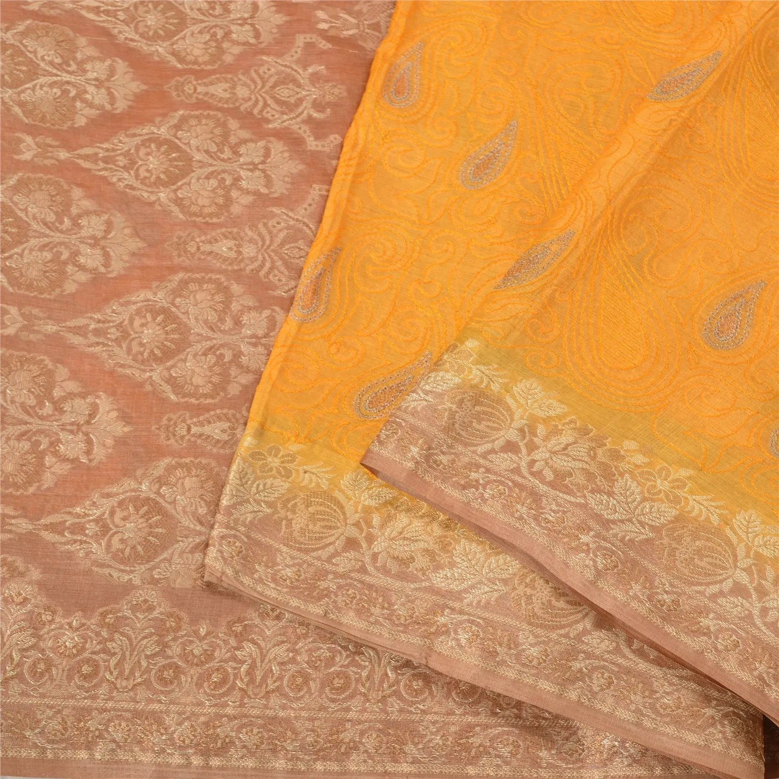 Sanskriti Vintage Yellow Indian Sarees 100% Pure Silk Woven Sari 5 YD Fabric