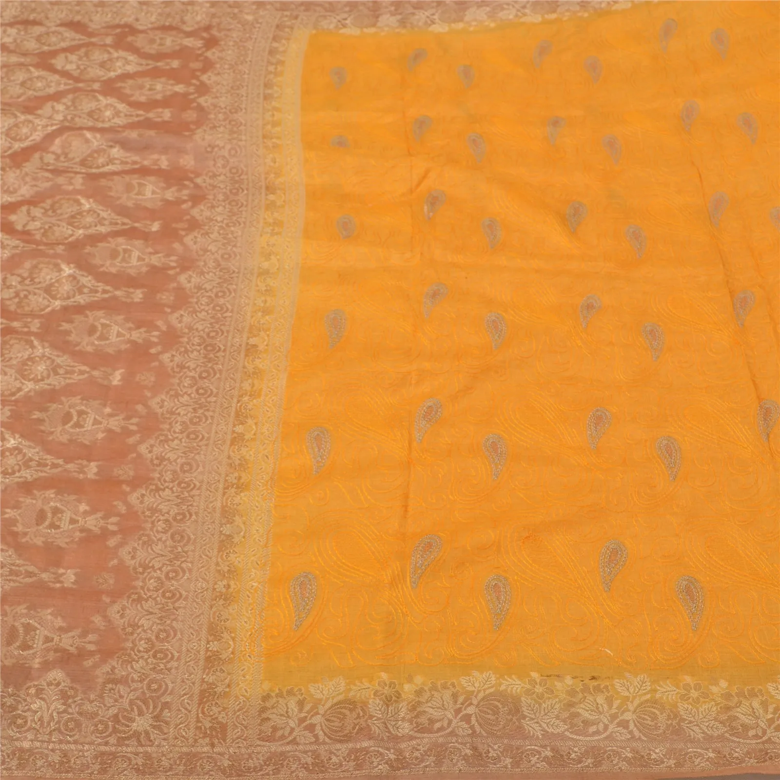 Sanskriti Vintage Yellow Indian Sarees 100% Pure Silk Woven Sari 5 YD Fabric