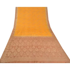 Sanskriti Vintage Yellow Indian Sarees 100% Pure Silk Woven Sari 5 YD Fabric