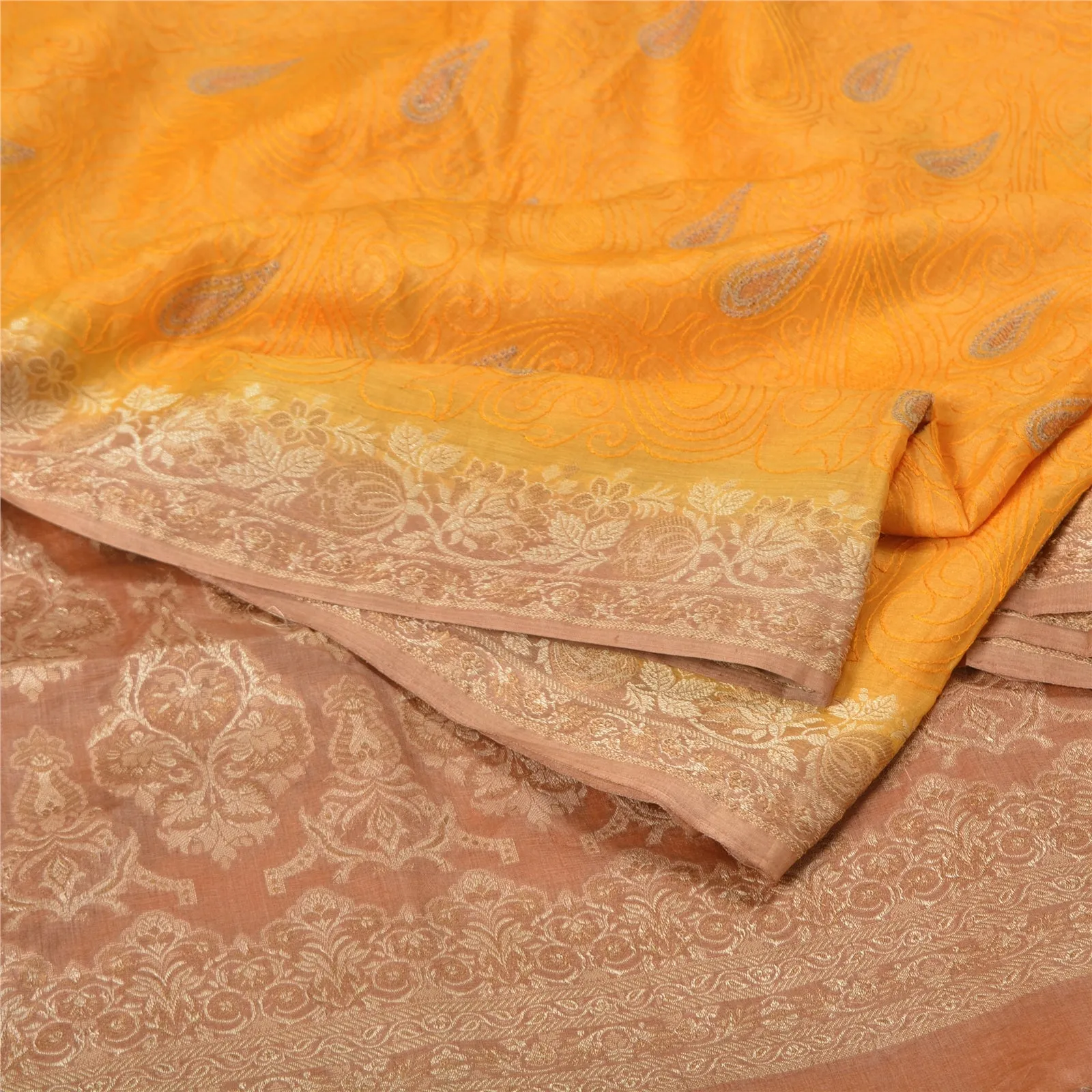 Sanskriti Vintage Yellow Indian Sarees 100% Pure Silk Woven Sari 5 YD Fabric