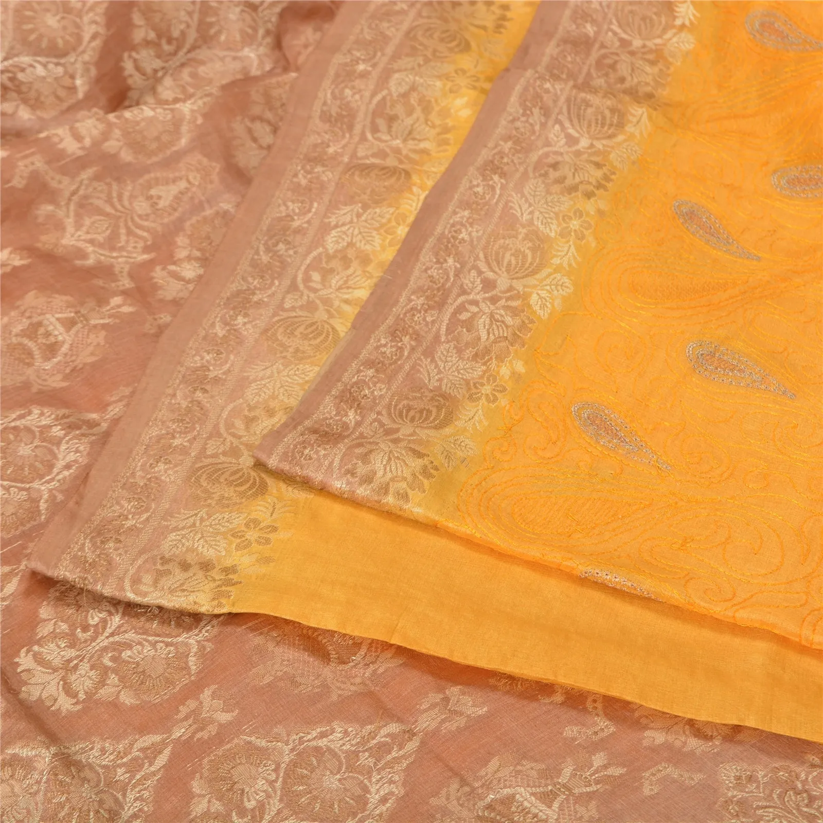 Sanskriti Vintage Yellow Indian Sarees 100% Pure Silk Woven Sari 5 YD Fabric