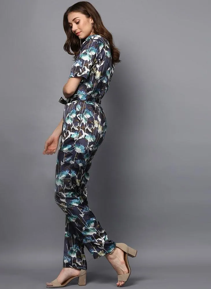 Satin Printed Jumpsuit with Front Lapel Collar