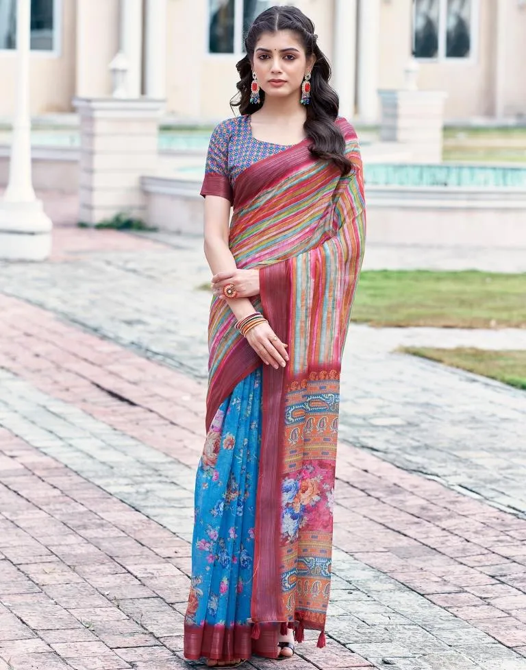 Sky Blue Linen Printed Sarees