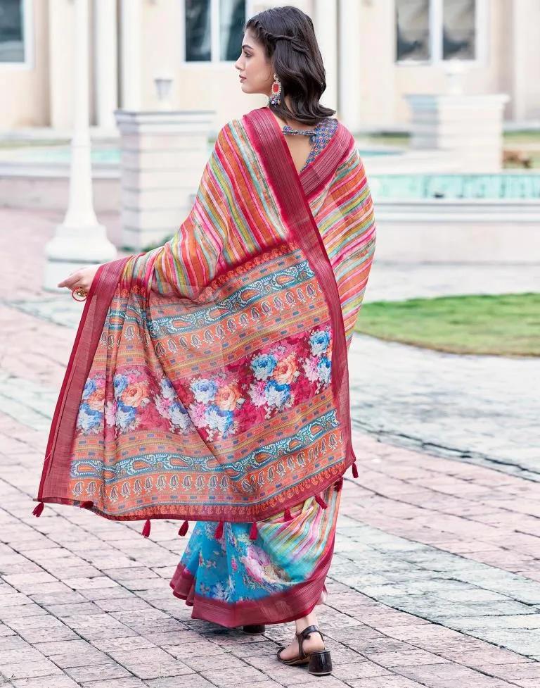 Sky Blue Linen Printed Sarees