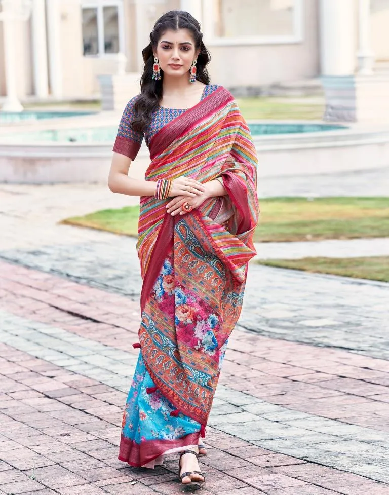 Sky Blue Linen Printed Sarees