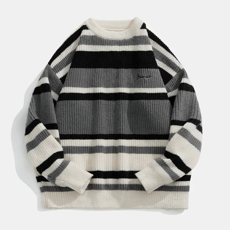 Stripe Embroidery Crochet Sweater