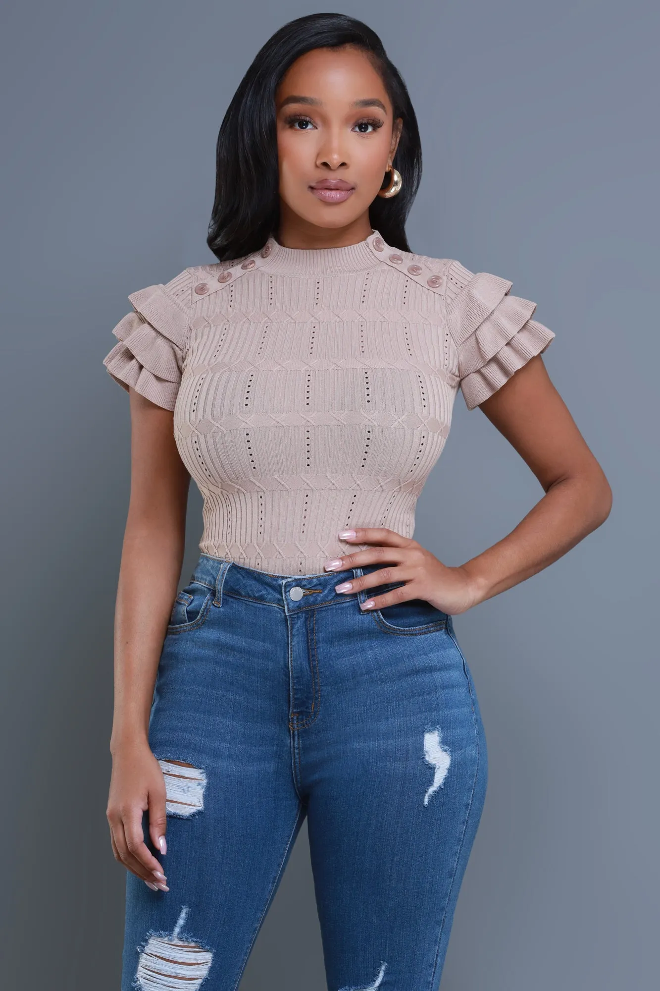 Sweetness Ruffle Shoulder Turtleneck Short Sleeve Sweater - Taupe