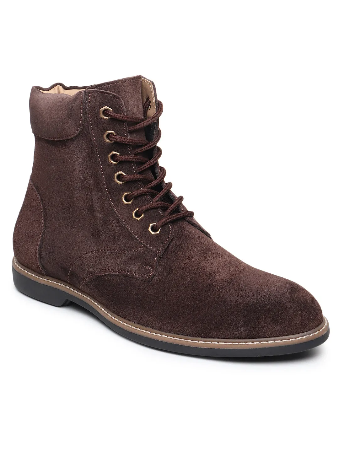 Teakwood Men Brown Solid Round Toe Suede Mid-Top Flat Lace-up Boot