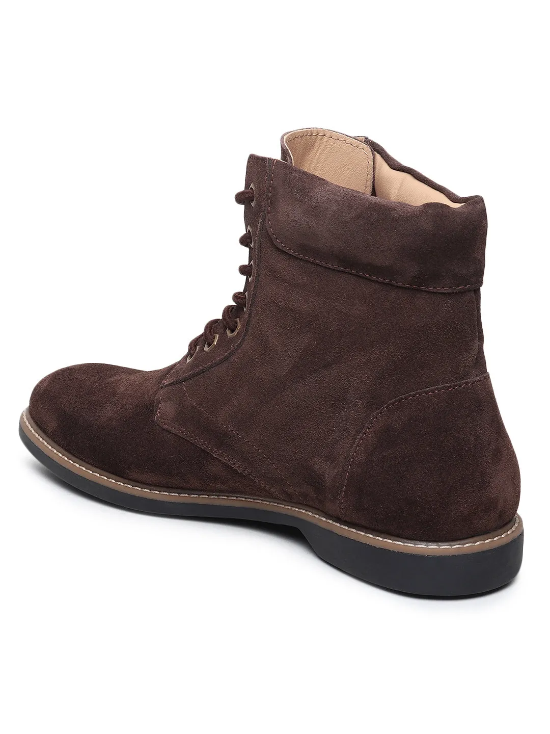 Teakwood Men Brown Solid Round Toe Suede Mid-Top Flat Lace-up Boot