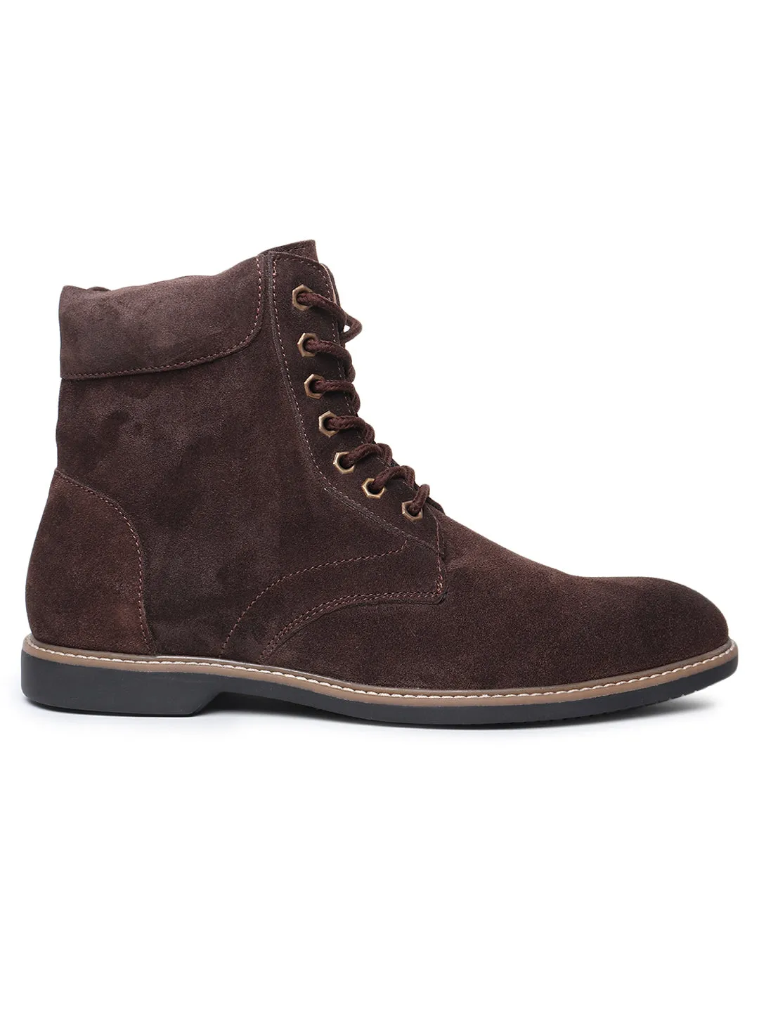 Teakwood Men Brown Solid Round Toe Suede Mid-Top Flat Lace-up Boot