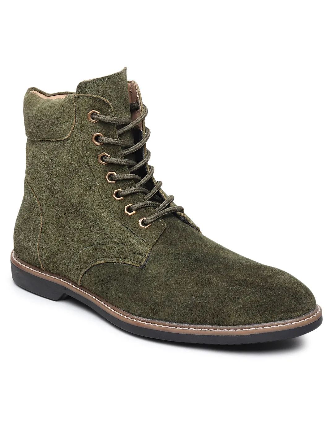 Teakwood Men Olive Solid Round Toe Suede Mid-Top Flat Lace-up Boot