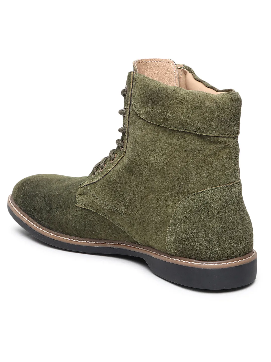 Teakwood Men Olive Solid Round Toe Suede Mid-Top Flat Lace-up Boot