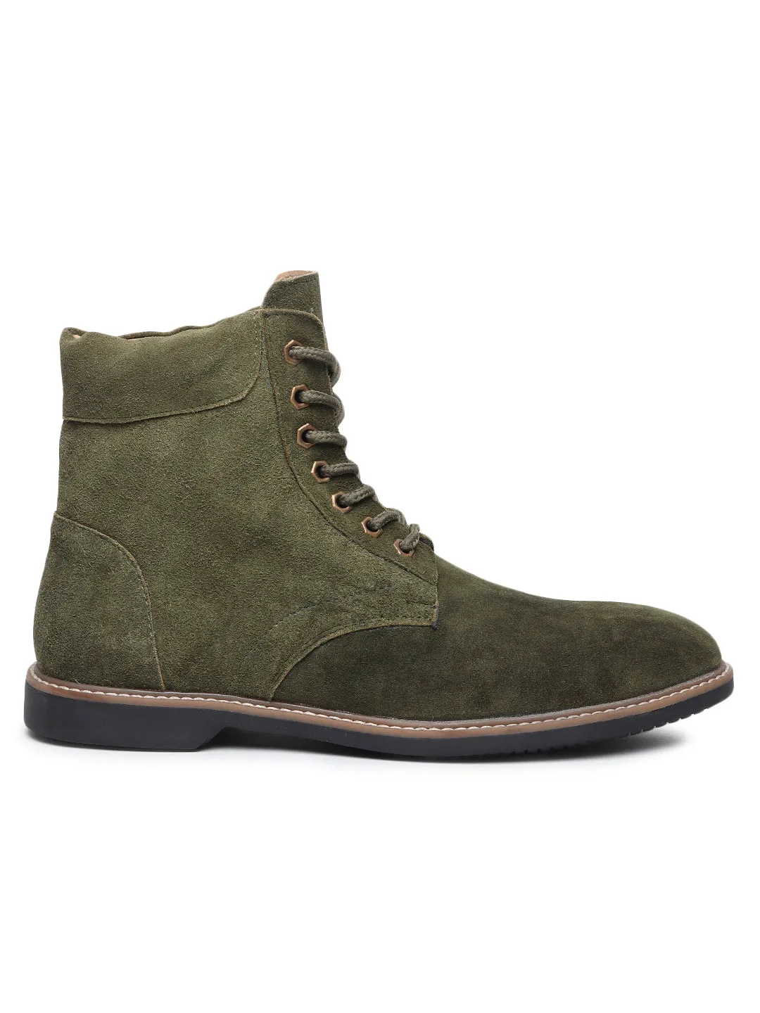 Teakwood Men Olive Solid Round Toe Suede Mid-Top Flat Lace-up Boot