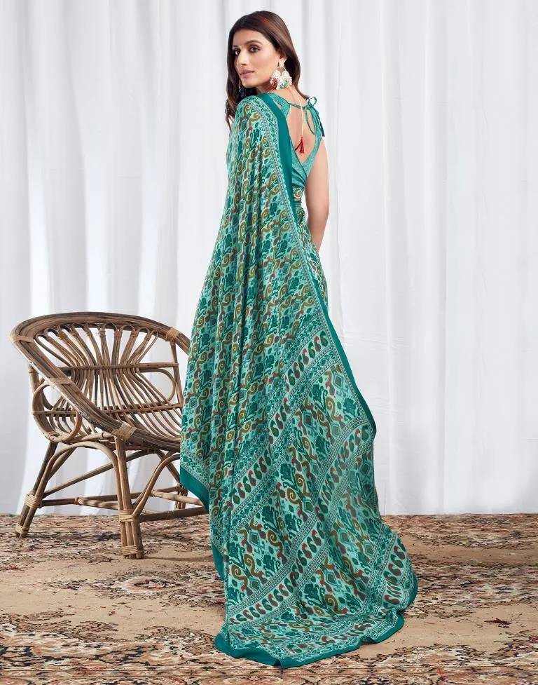 Teal Blue Silk Printed Sarees