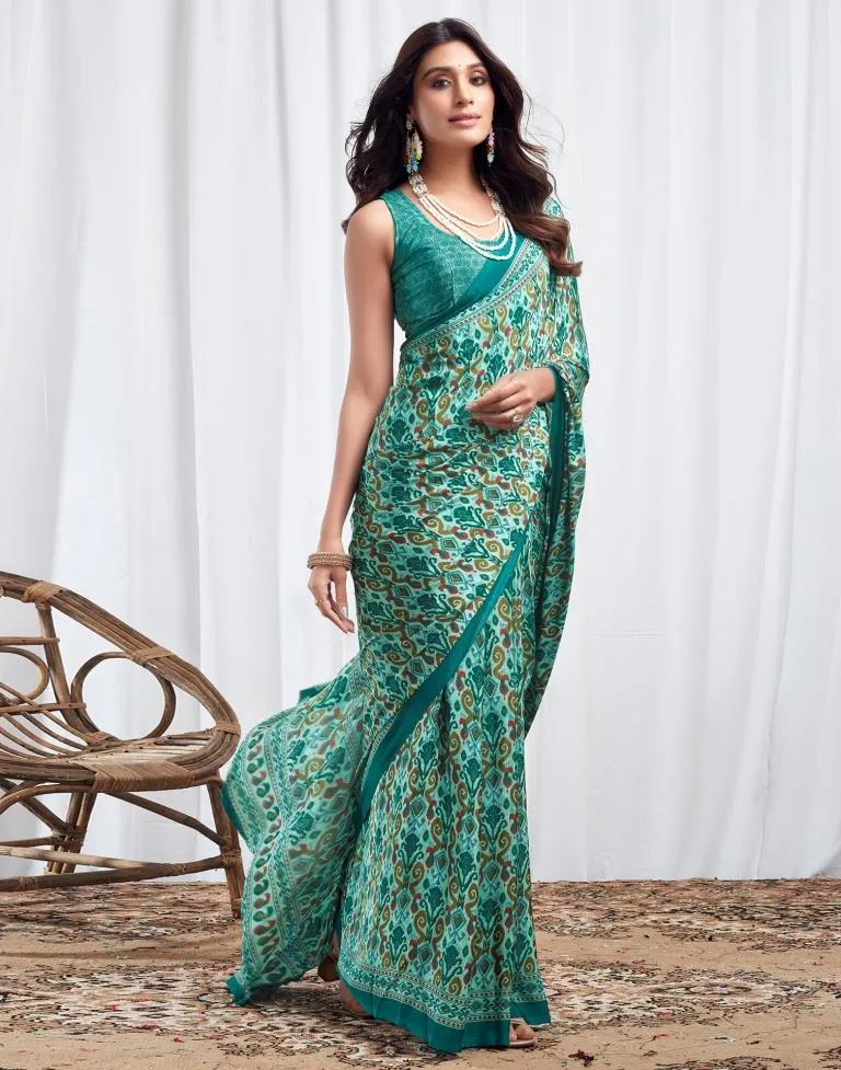 Teal Blue Silk Printed Sarees