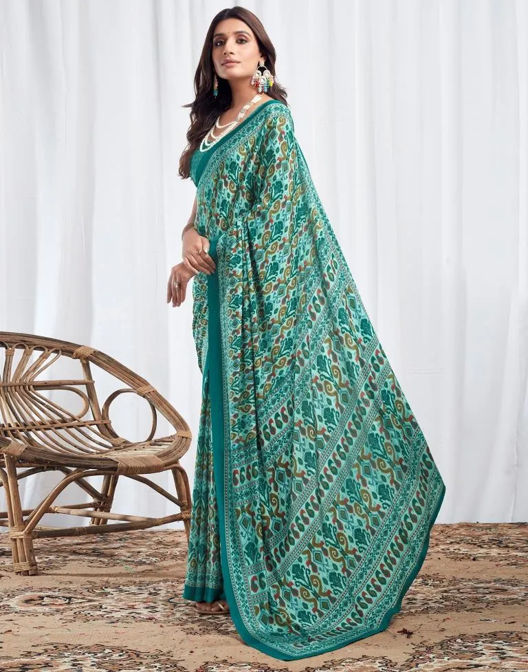 Teal Blue Silk Printed Sarees