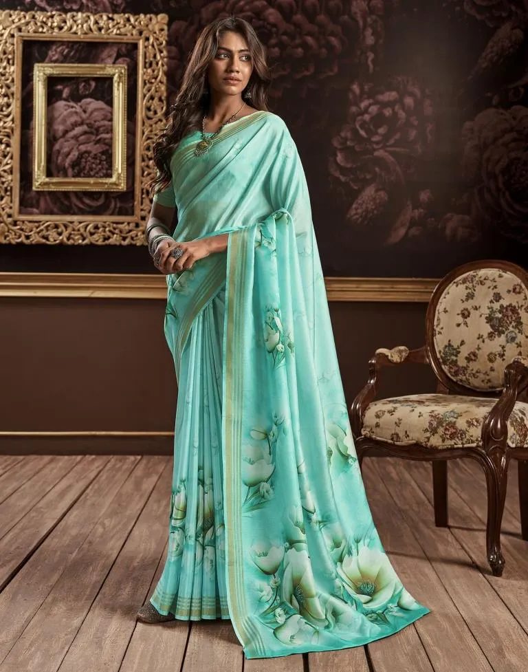 Turquoise Silk Printed Sarees