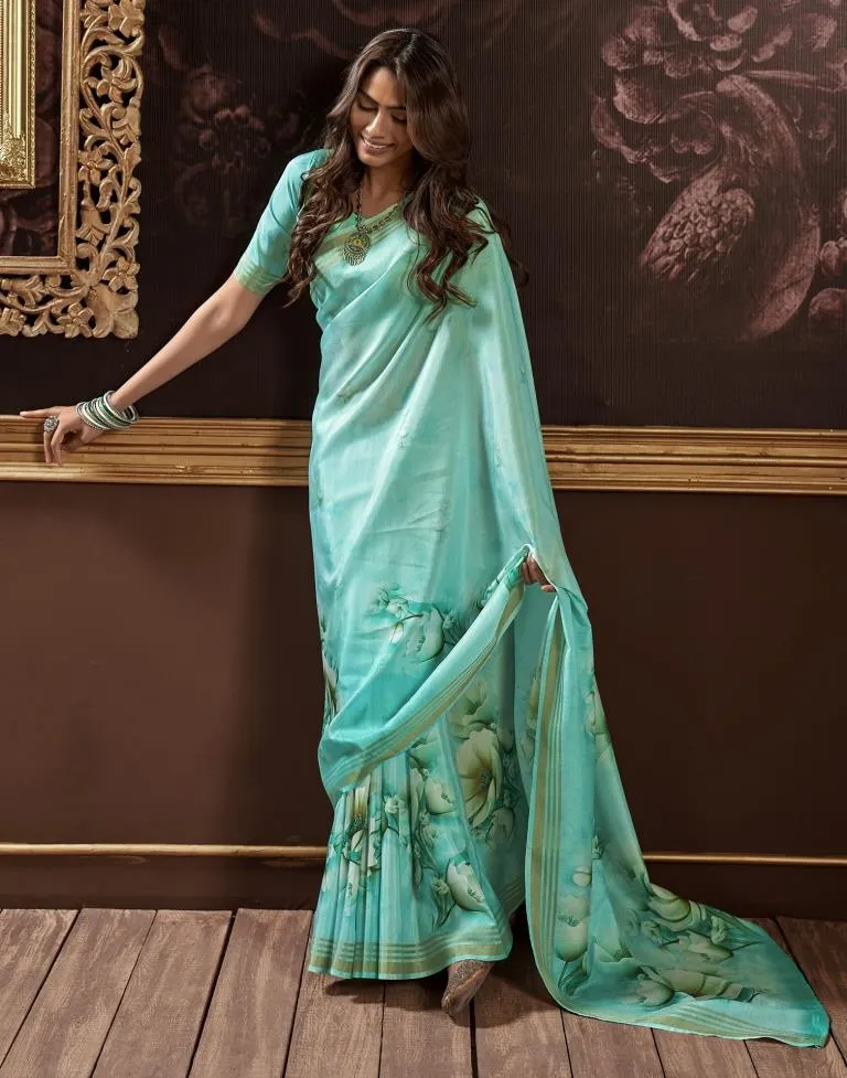 Turquoise Silk Printed Sarees