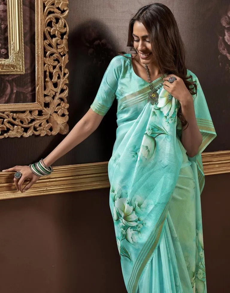 Turquoise Silk Printed Sarees