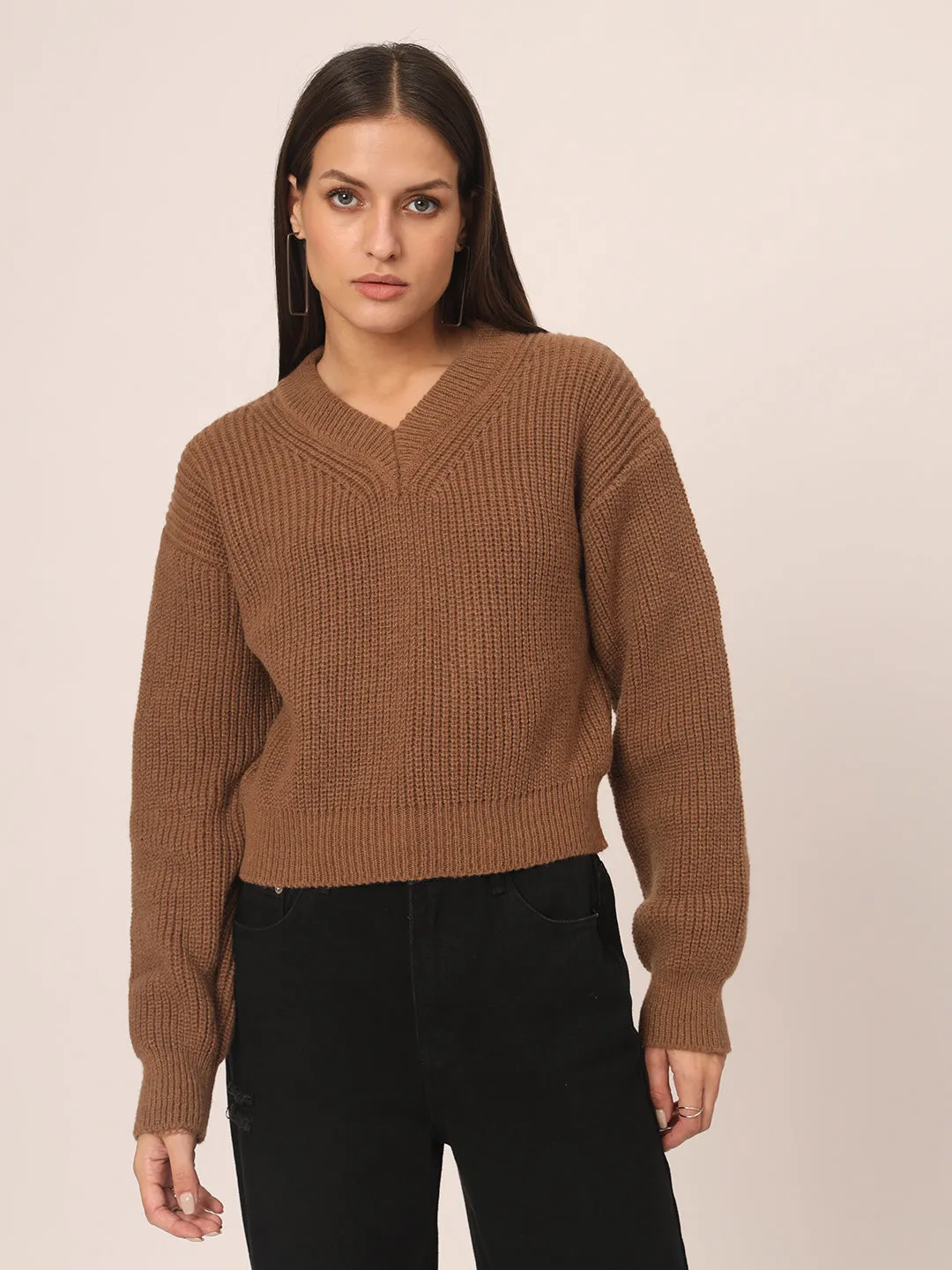 V neck Knit Sweater-Brown