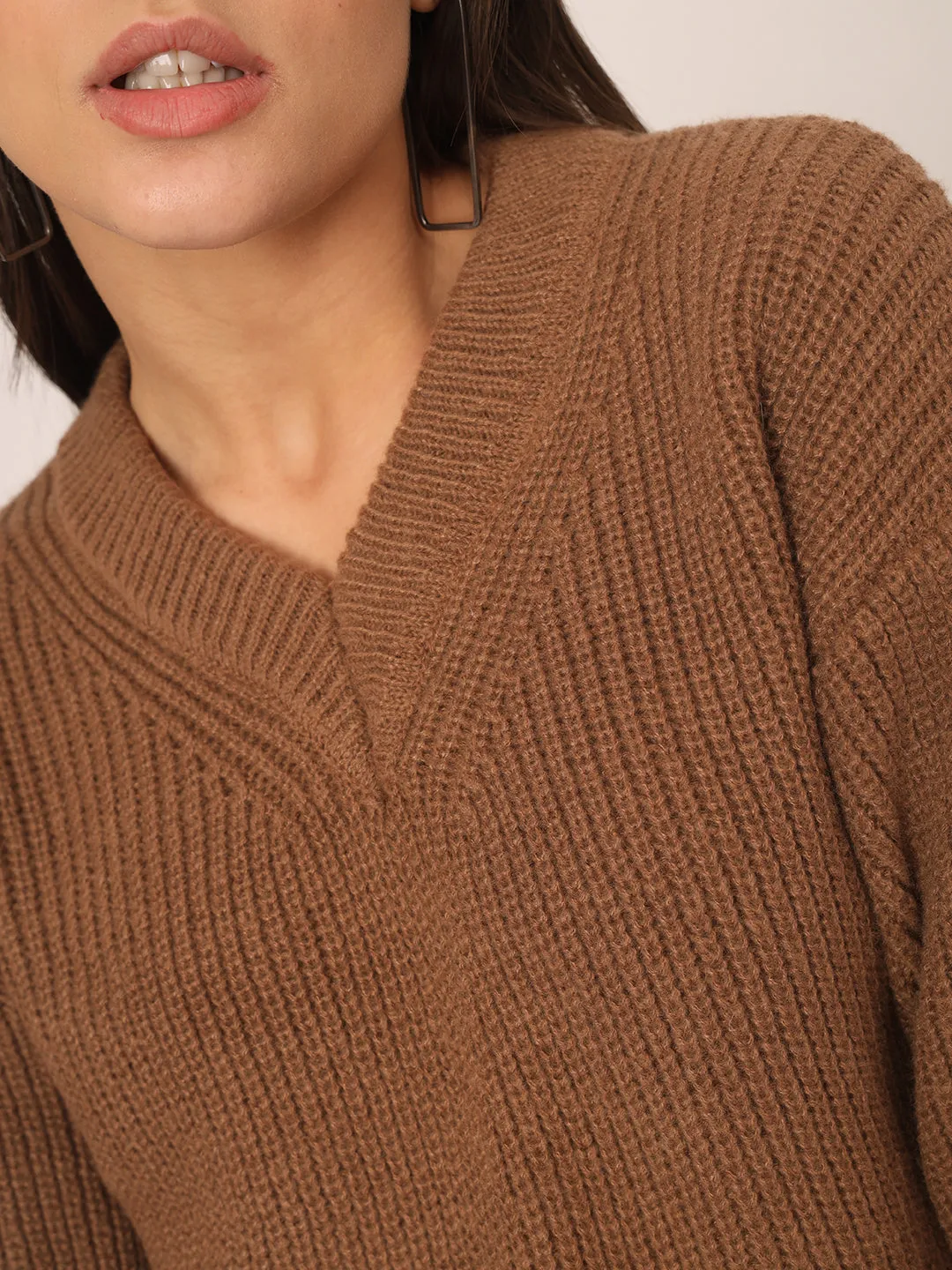 V neck Knit Sweater-Brown