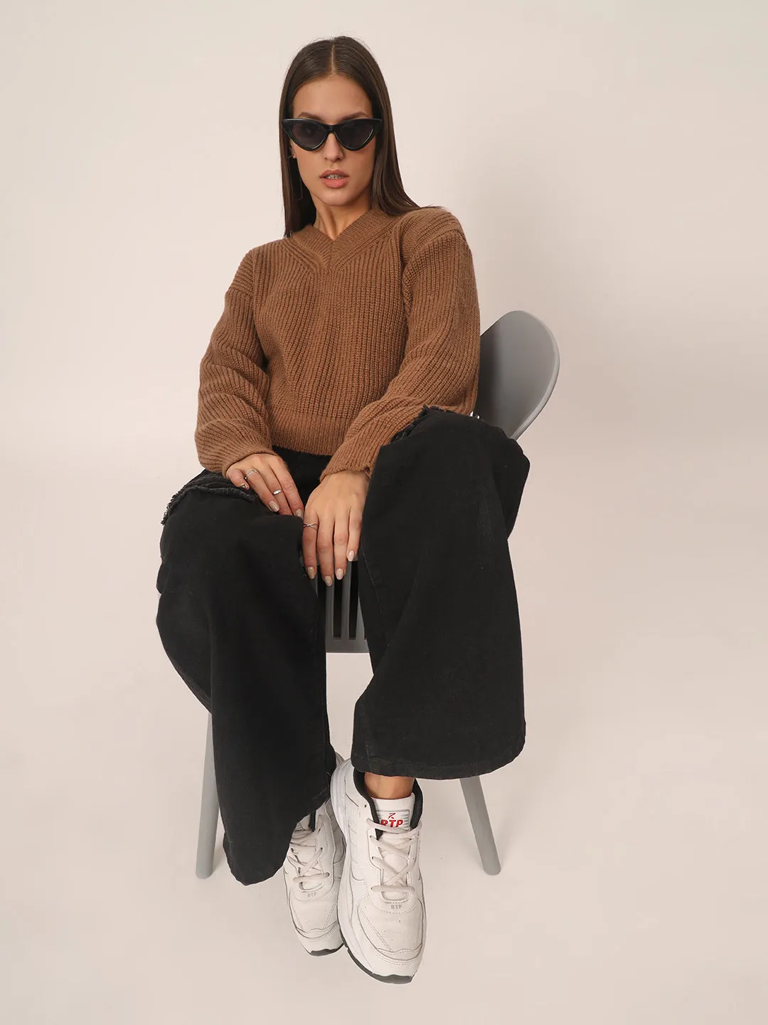 V neck Knit Sweater-Brown