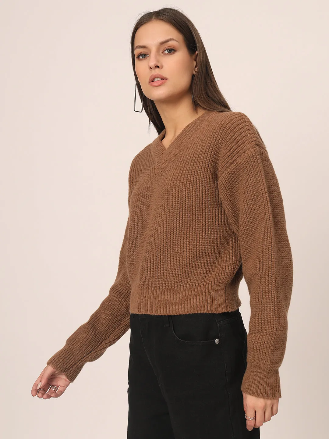 V neck Knit Sweater-Brown