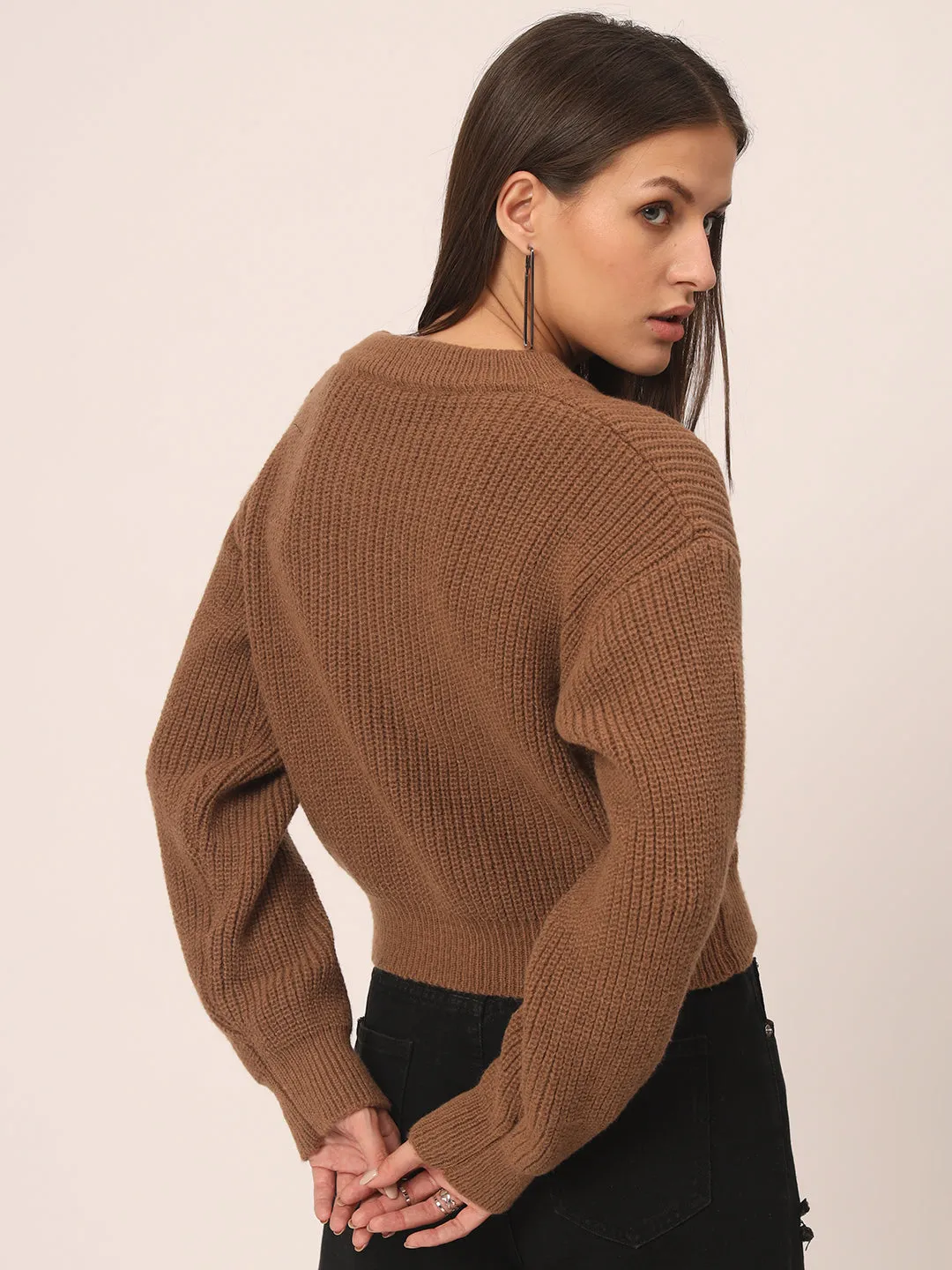 V neck Knit Sweater-Brown