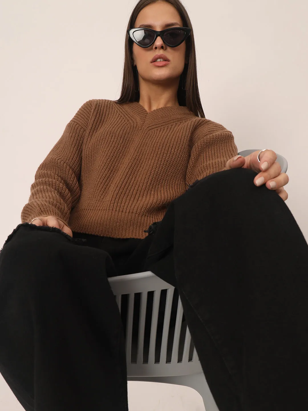 V neck Knit Sweater-Brown