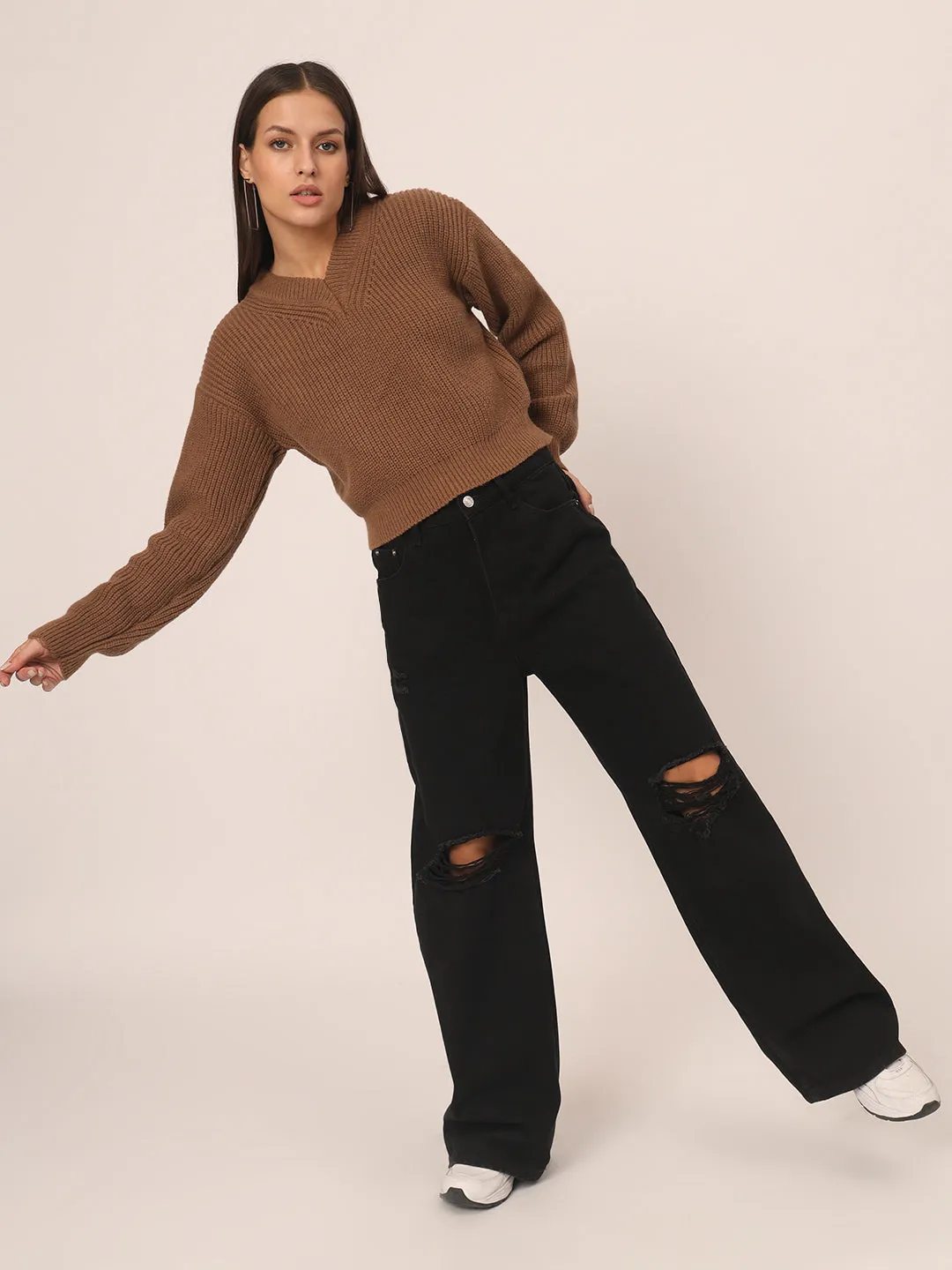 V neck Knit Sweater-Brown