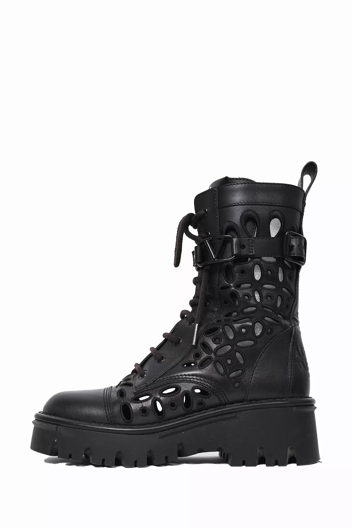 Valentino Black Leather Laser Cut Combat Boots Size 38