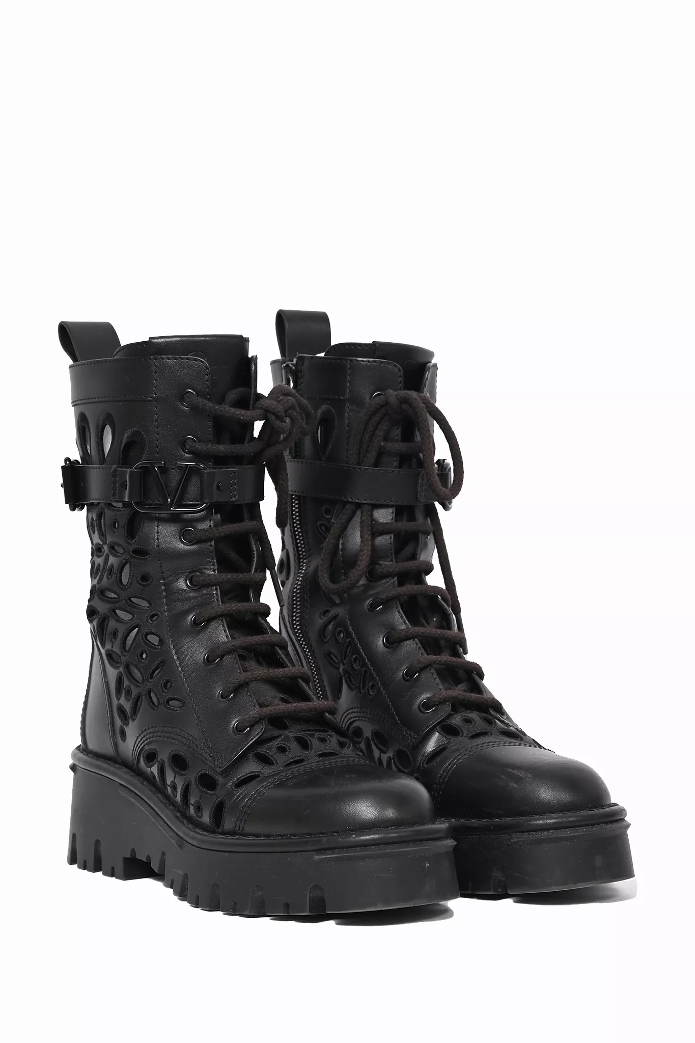 Valentino Black Leather Laser Cut Combat Boots Size 38