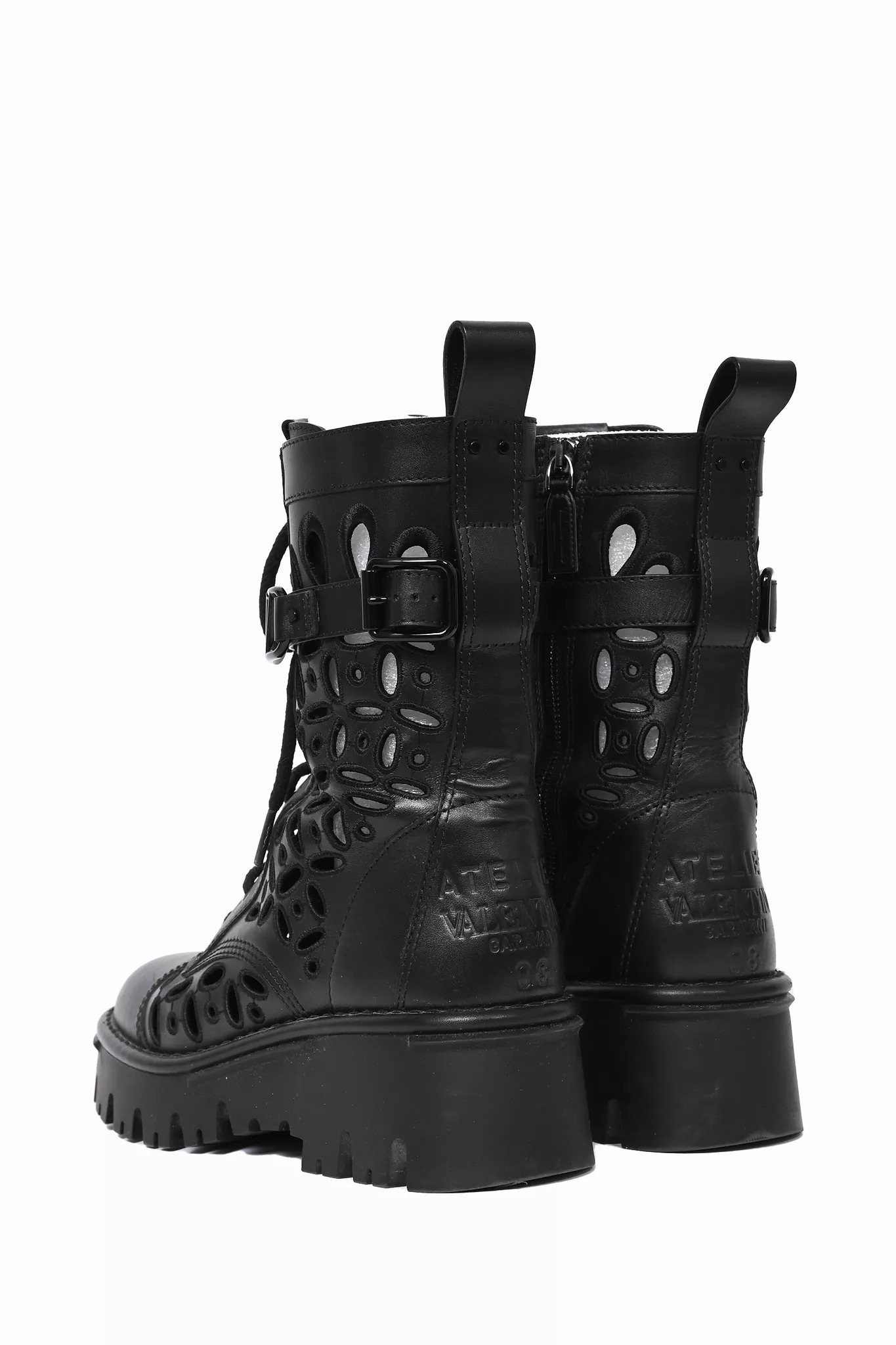 Valentino Black Leather Laser Cut Combat Boots Size 38